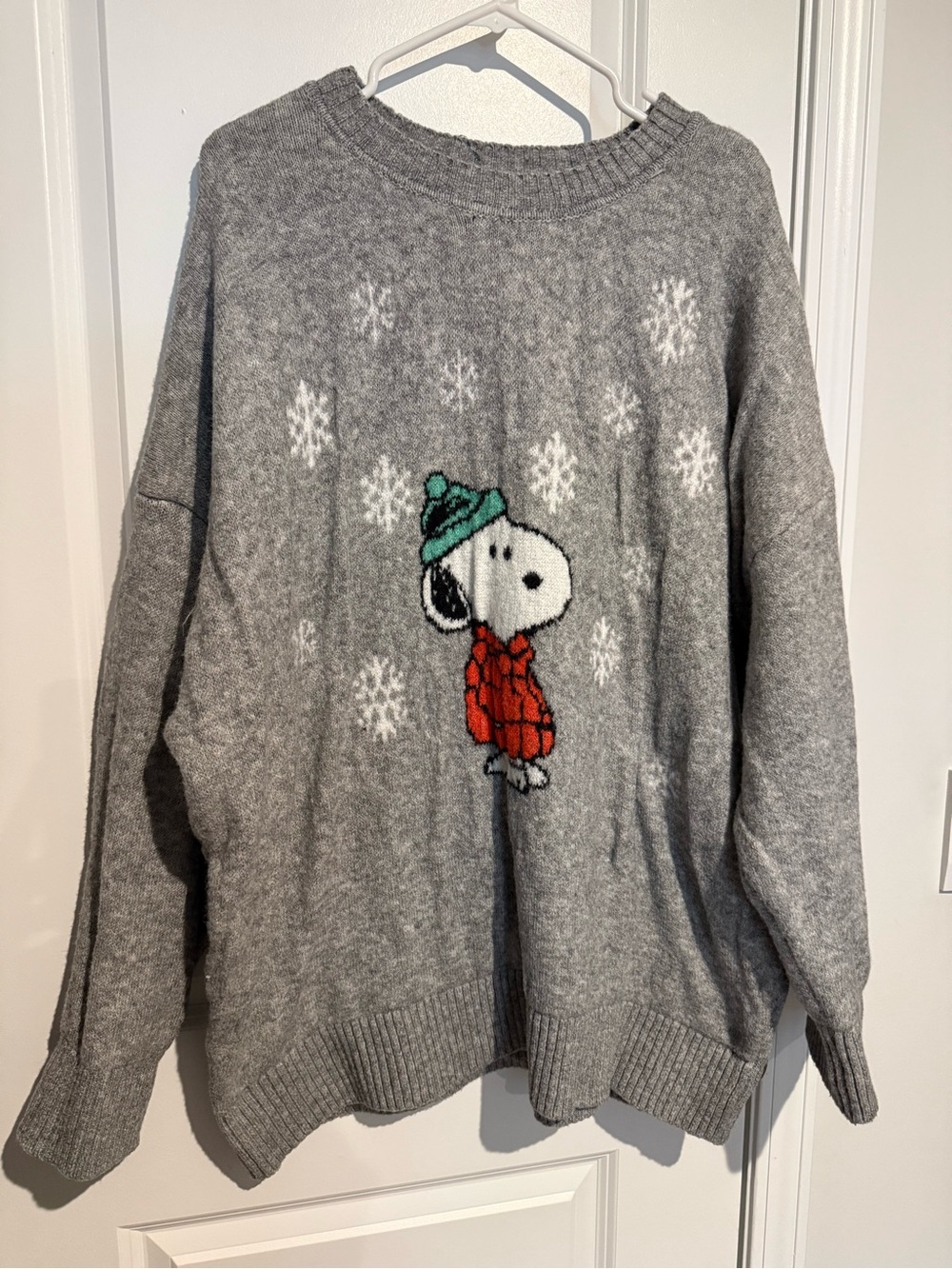 American Eagle Outfitters Gray Snoopy Crewneck Sweater with Red and Green Accent